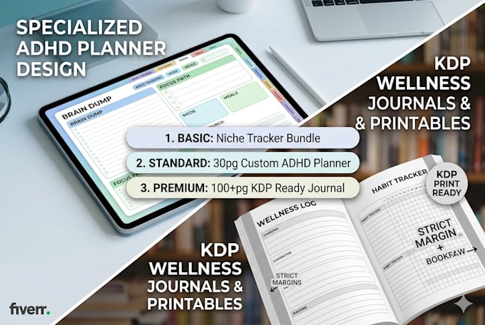 design a custom adhd planner, wellness journal, or KDP hyperlinked planner
