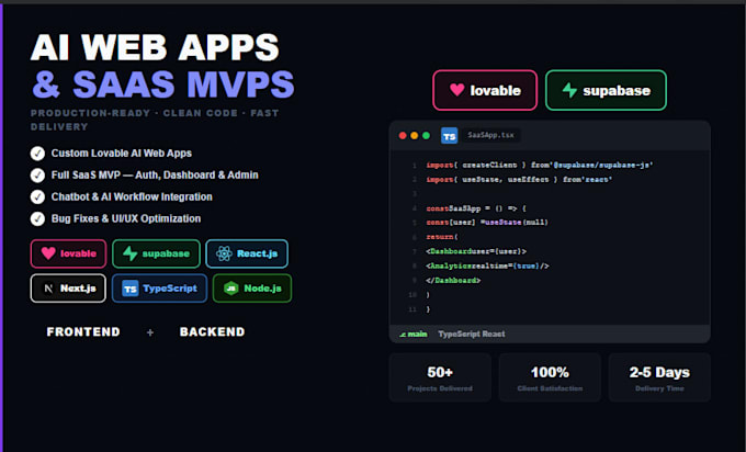 develop or fix lovable ai web apps, saas mvp, react, supabase