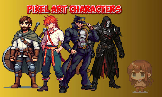 create pixel art character, sprite sheet, animation in 8bit, 16bit, 32bit