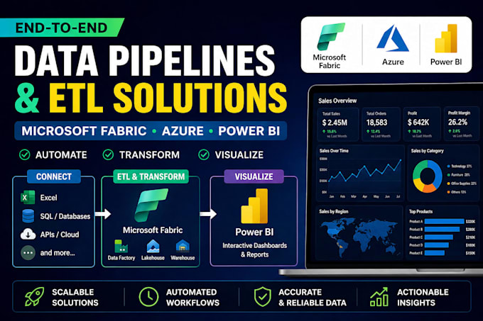build etl pipelines and data engineering in azure microsoft fabric, power bi