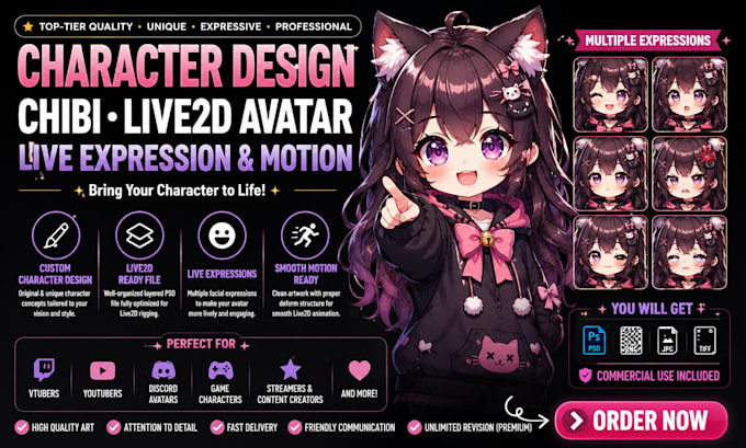 create top tier character design cute chibi live2d avatar live expression motion