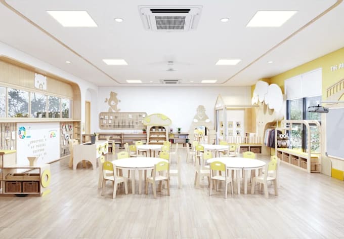 sketch modular kid playroom,classroom layout design,education interior rendering