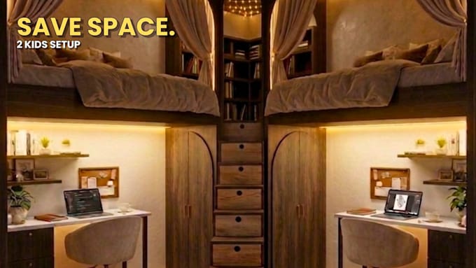 design a bunk bed kids room with smart sleep and study layout