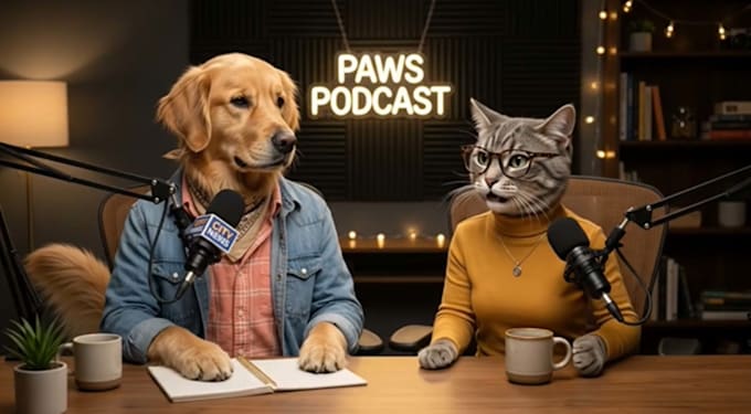 create a realistic ai dog taik, ai funny cat podcast video