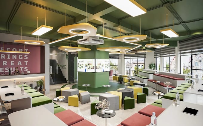 visualize 3d food office interior,functional showroom,modern workspace rendering