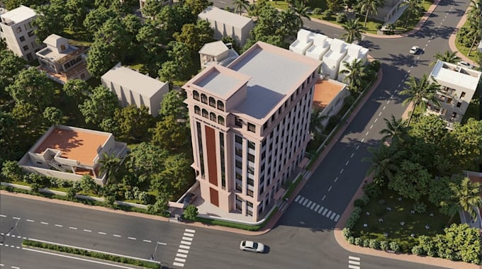3d multi storey residential building, aerial view render, urban landscape design
