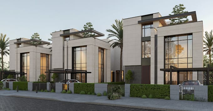 render 3d residential building, modern townhouse development,cgi exterior render
