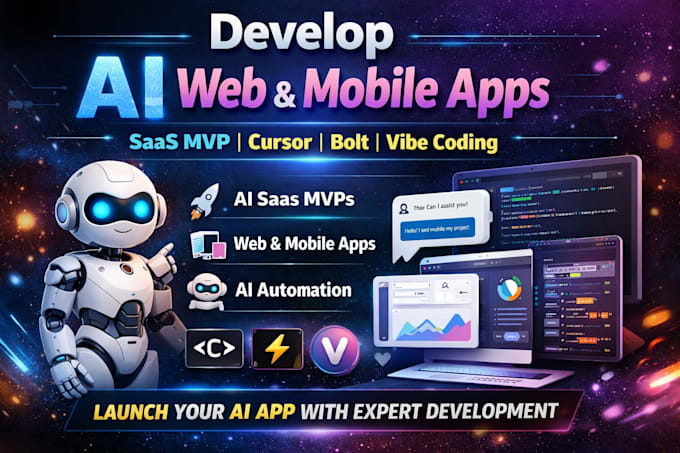 develop ai web and mobile apps, saas mvp, cursor, bolt new and vibe coding