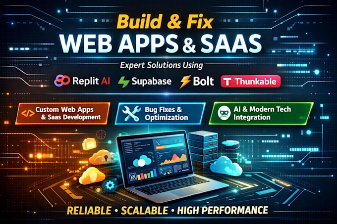 build fix web apps, saas with replit ai, supabase  bolt new, thinkable, base44
