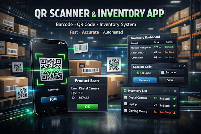 develop a custom qr code scanner app, barcode generator, qr code inventory