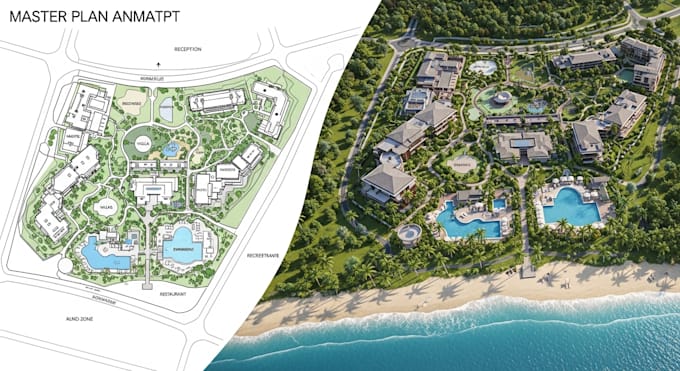 design 2d 3d, resort site, master plan, concept, landscape render, map animation