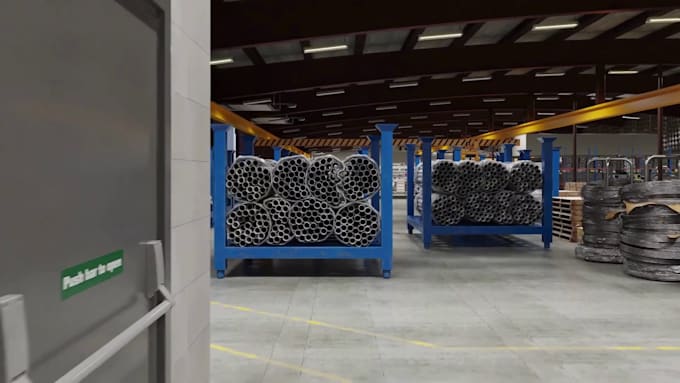 create 3d industrial factory animation, warehouse manufacturing visualization