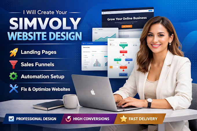 create simvoly website design landing page sales funnel automation fix website