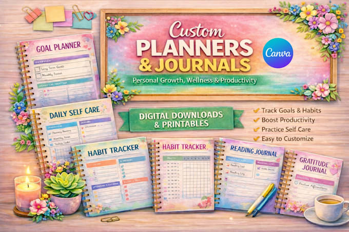 design editable digital planner, custom canva wellness and self care planners