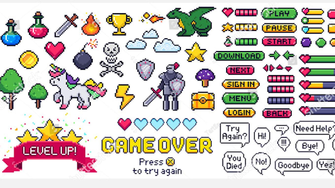 Design pixel art ui hud icon menu bar gui elements props assets, pixel ...