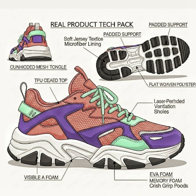 design detailed shoe tech pack for your footwear sneaker heel brand manufacture