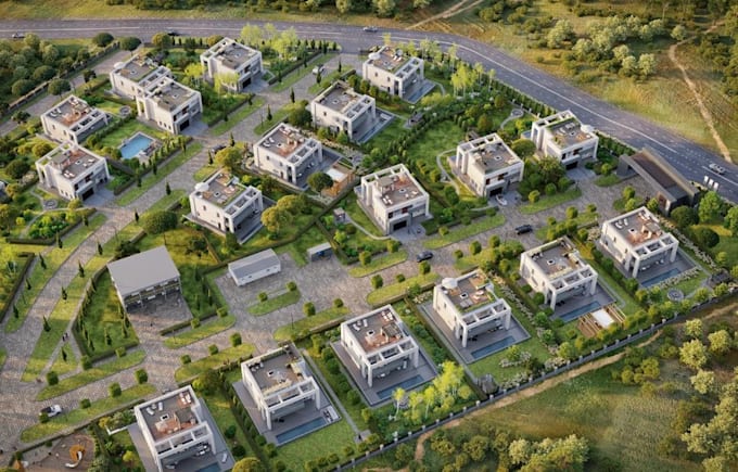 render 3d architectural visualization for cottage estate, exterior house design