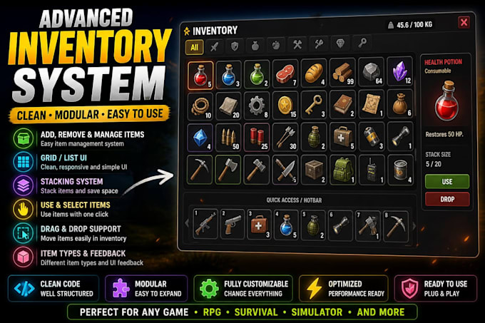 create a clean unity inventory system with UI and item management