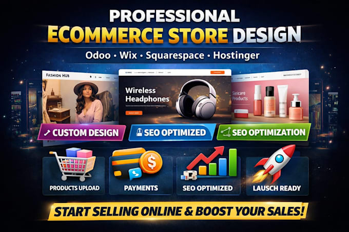 design ecommerce website in odoo, wix, squarespace, hostinger, or wordpress
