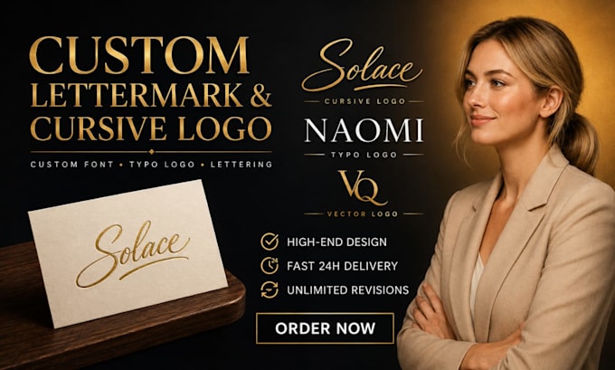 make a custom lettermark, cursive, versatile typo font logo for your brand