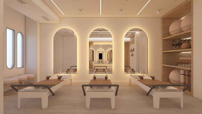 design your pilates studio with 2d plan and 5 3d renders