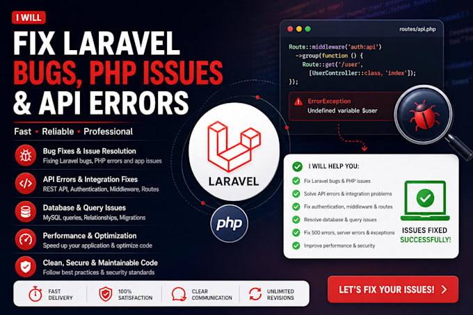 fix laravel bugs, PHP issues and API errors