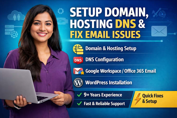 setup your domain, hosting, dns and fix email issues