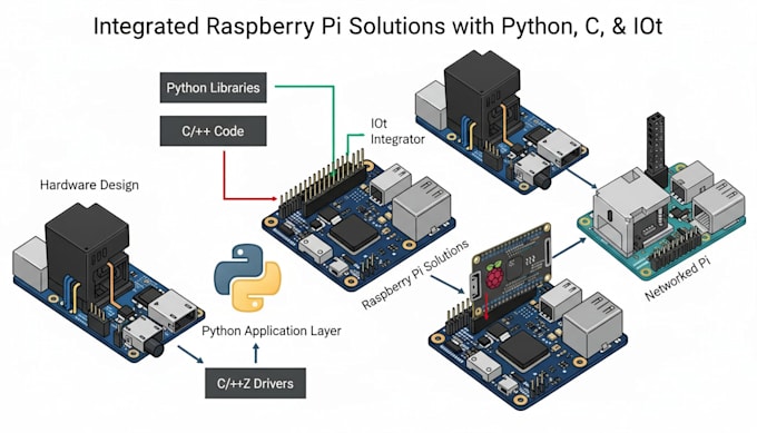 design and build raspberry pi solutions with python, c, and iot integration