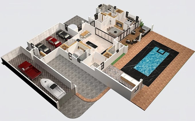 modular 3d floor plan in sketch, luxury indoor design, open concept layout,pools