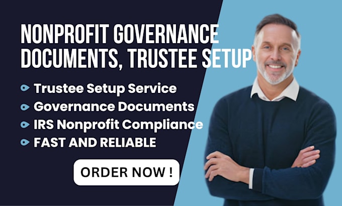 draft nonprofit bylaws, governance documents, trustee setup and irs compliance