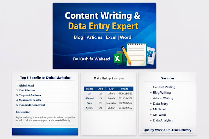 do content writing and data entry in excel and word