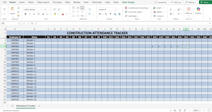 create a construction attendance tracker with auto warning system in excel
