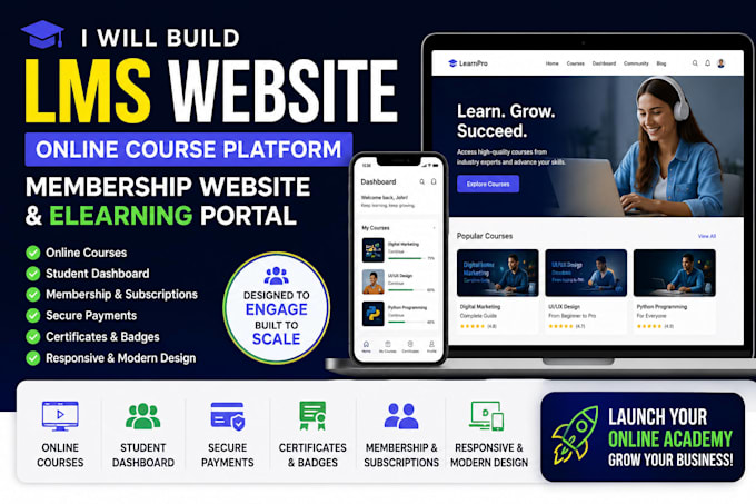 build lms website online course platform membership website and elearning portal