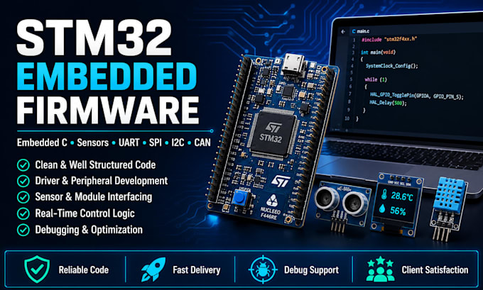 develop stm32 embedded c firmware for sensors, uart, spi, i2c and can