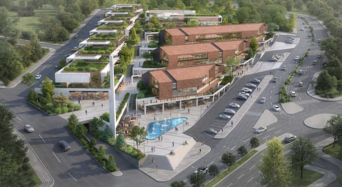 turn unbuilt space to building complex, urban planning design, landscape render