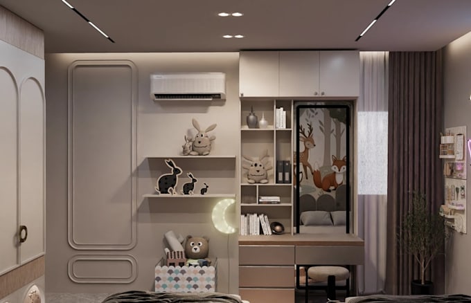 cgi 3d children bedroom,twin bed,residential interior,wall panel,playroom design