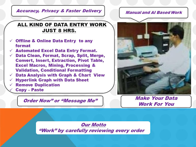 accurate data entry, clean, format, analyze and visualize