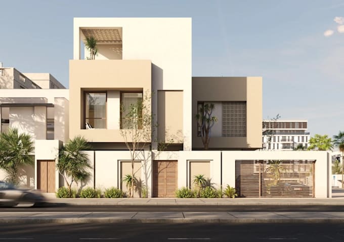 modernize building exterior, front elevation, revit interior, balconies, v ray