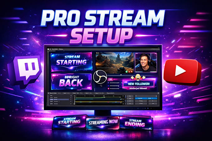 setup stream overlay, alerts scene and obs studio or streamlabs for twitch