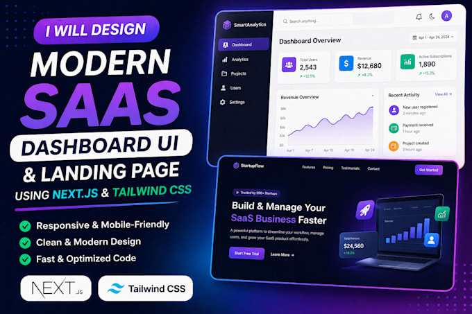 design a modern saas dashboard UI and landing page by next js and tailwind