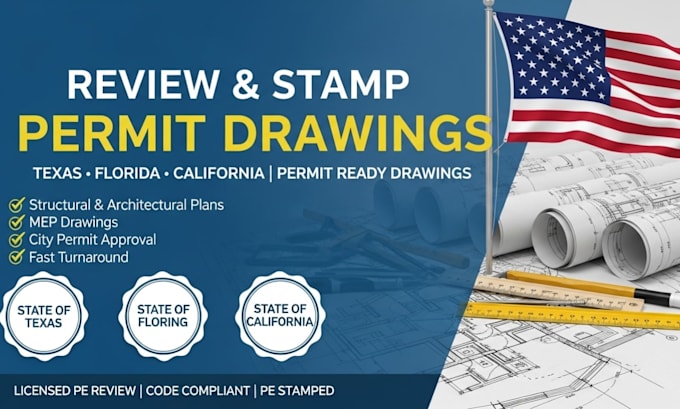 Review and stamp permit drawings licensed pe stamp for texas florida ...