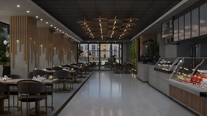do realistic 3d restaurant interior render, 3d cafe, bar with 3d exterior design