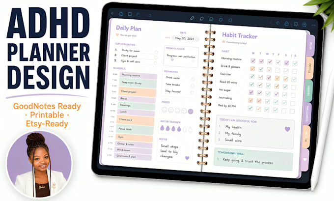 design a calm adhd planner and neurodivergent journal for goodnotes