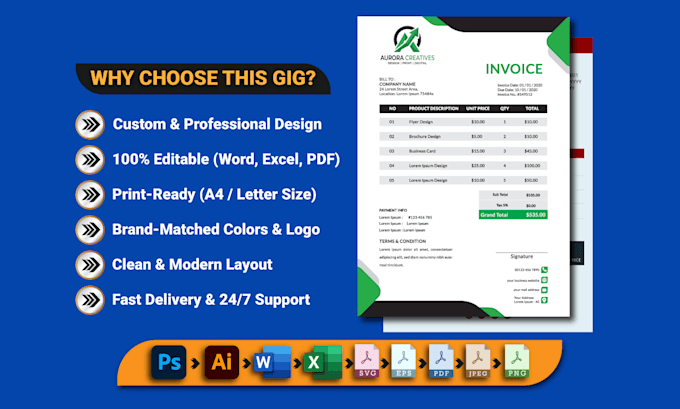 design professional editable invoice, purchase order, and fillable PDF
