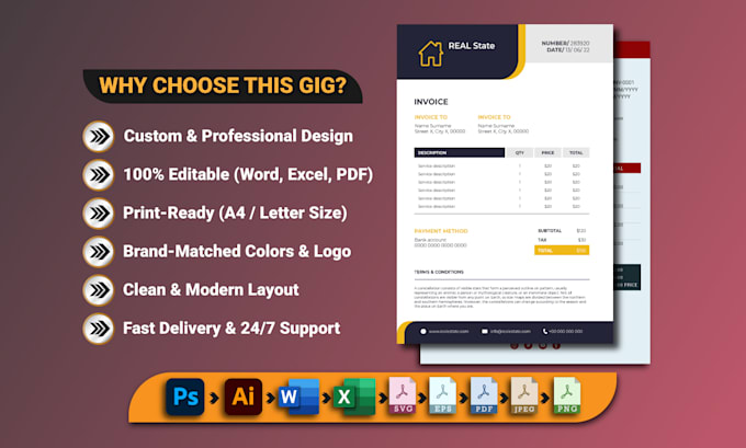 design custom editable invoice template, order form, and fillable pdf