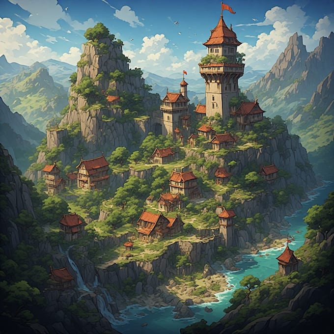 illustrate environments, landscapes, board game, concept art