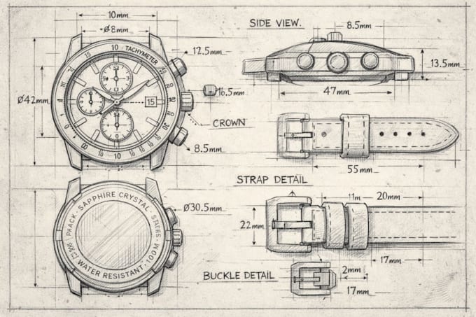 create realistic 3d watch technical drawing, watch modelling with manufacturing