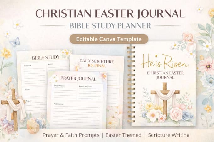 design christian easter journal, bible study planner, faith workbook in canva