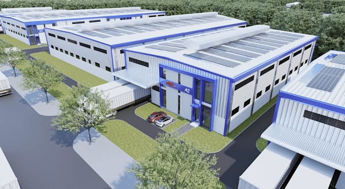 visualize 3d warehouse interior and exterior, 4k rendering,walkthrough,site plan