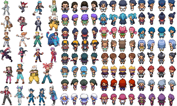 create pixel art pokemon rom hack battle sprites, trainer and tileset for games